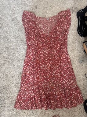 Rails Red Floral V-Neck Ruffle Tea Dress
